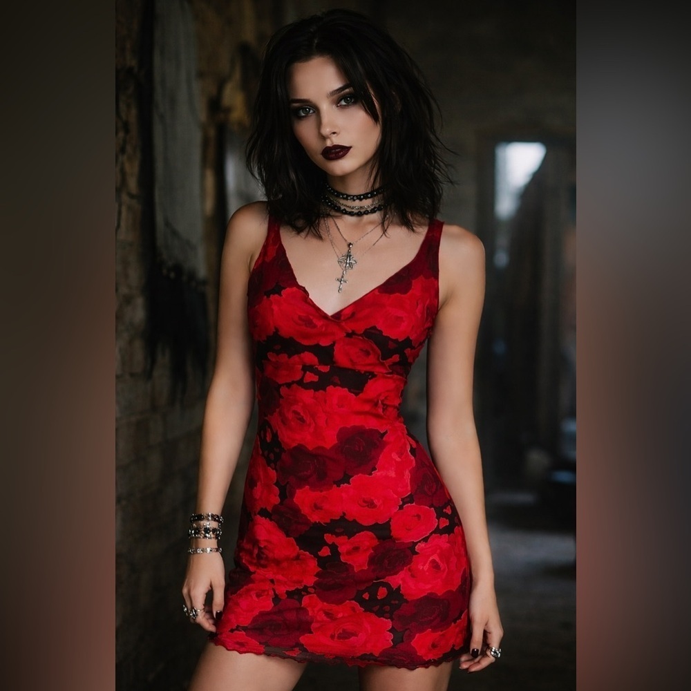 Vintage 90s Womens Dress Sz Medium Red Black Rose Floral Mesh Stretch Witchcore
